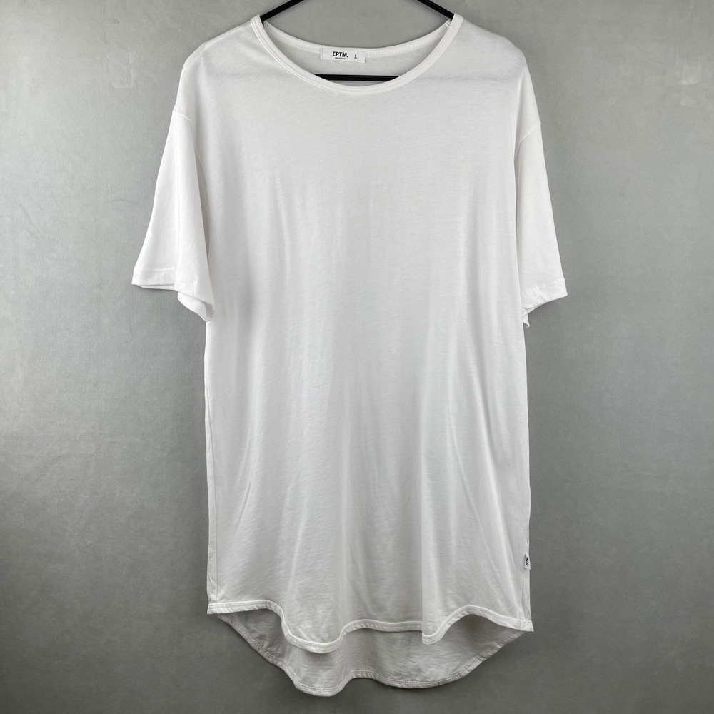 EPTM Mens White Elongated Scallop Hem Tall Tee T-Shirt Made in USA L Streetwear